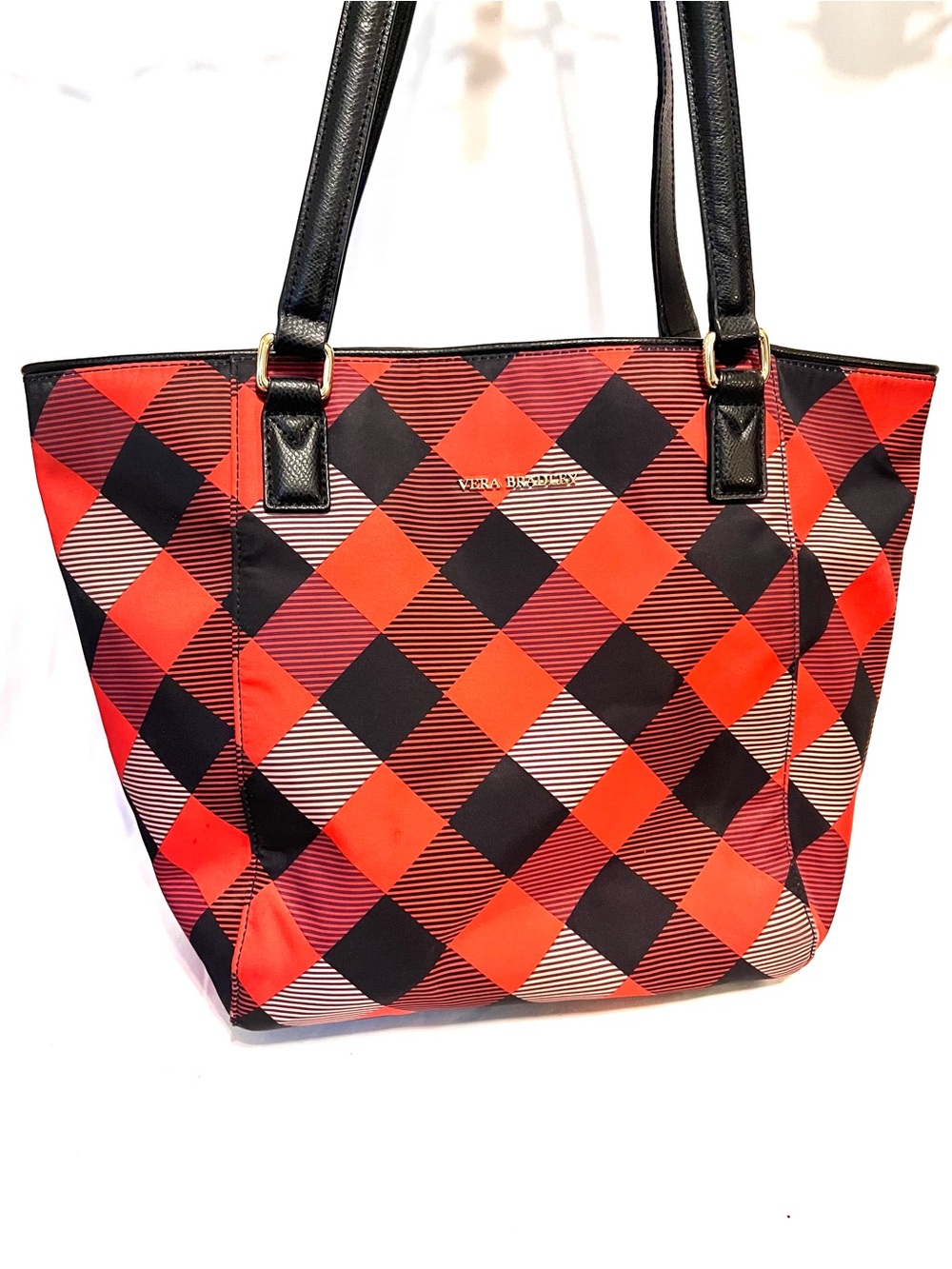 Vera Bradley Red/Black Diamond Buffalo -Check Tote Purse-Nylon-Lightweight-Large
